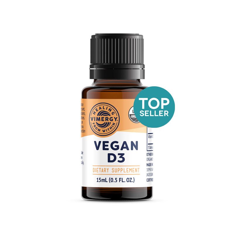 Vegan D3 vitamin Vimergy-braonkasta bočica sa beloom etiketom na kojoj je oker pruga