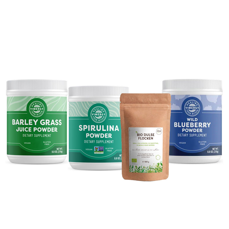 Breley grass juice powder, Spirulina powder, Blueberry powder and Bio Dulse 